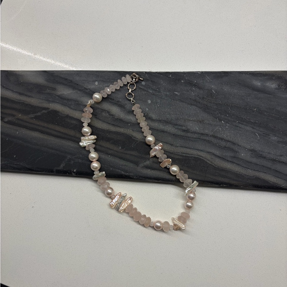 Rose Quartz & Pearl Necklace 19–20” Mother of Pearl Sterling Silver clasp